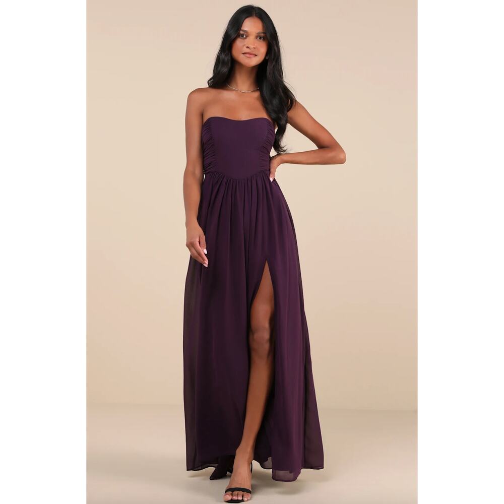 Lulu's Strapless Plum Maxi Dress with Front Slit